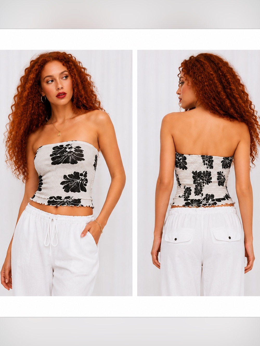 Black & Cream Floral Smocked Tube Top | Strapless Mesh Bandeau | Size XS NWOT
